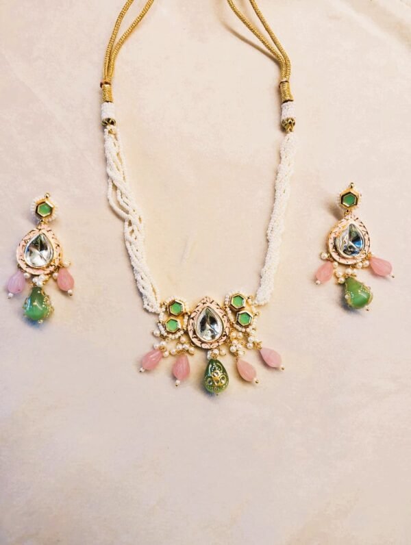 REGAL TEARDROP POLKI CHOKER SET WITH EMRALD AND BLUSH ACCENTS