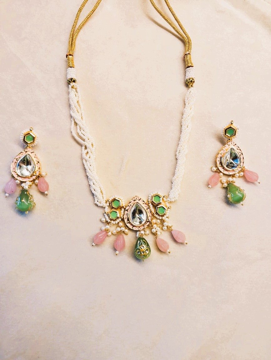 REGAL TEARDROP POLKI CHOKER SET WITH EMRALD AND BLUSH ACCENTS
