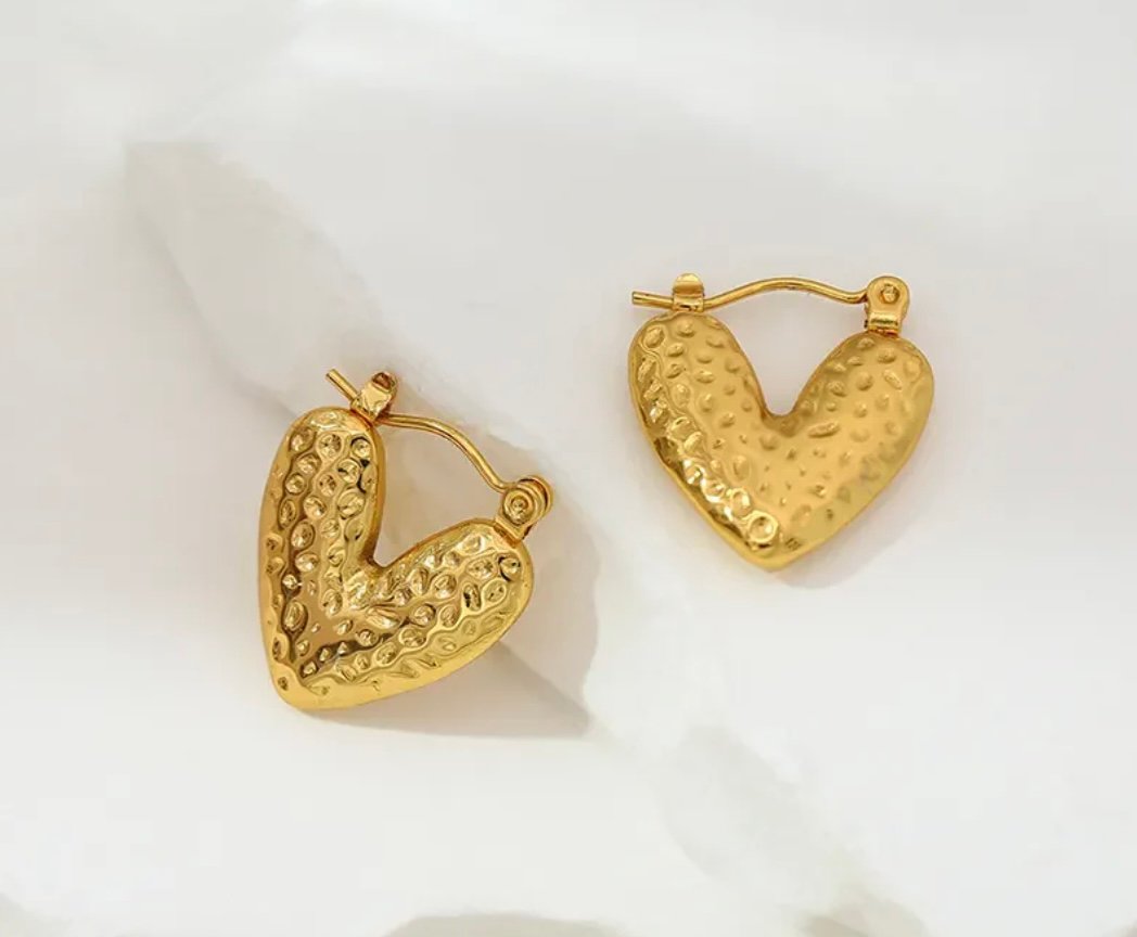Gold Heart Shaped Hammer Pattern Hoop Earrings
