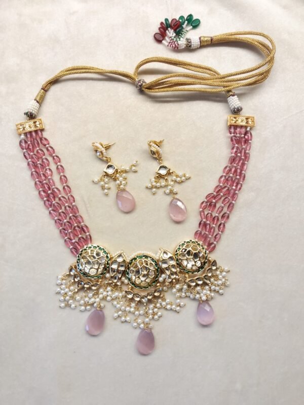 MAJESTIC MULTI-STRAND KUNDAN NECKLACE WITH PINK DROPS