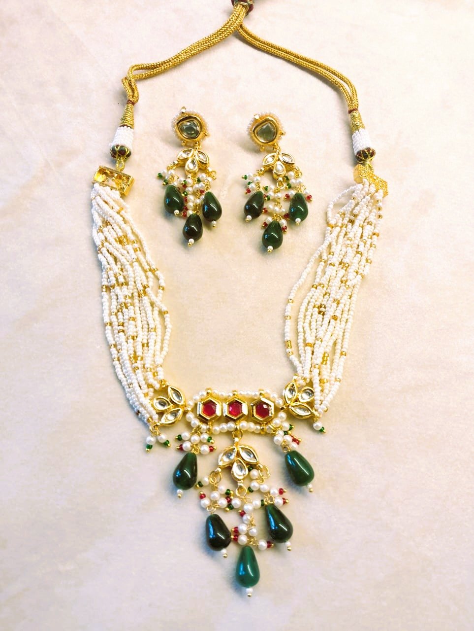 ROYAL DARK GREEN AND RUBY KUNDAN CHOKER SET WITH PEARL DROPS