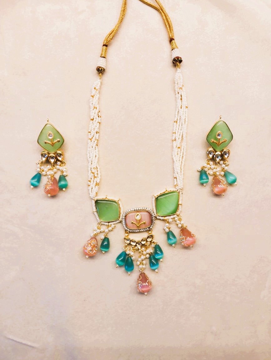ElEGANT MINT GREEN AND PASTEL PINK POLKI KUNDAN NECKLACE SET