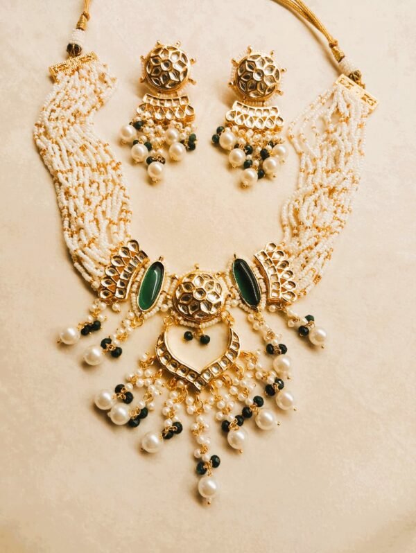 OPULENT DARK GREEN POLKI KUNDAN NECKLACE SET WITH PEARL FINISH