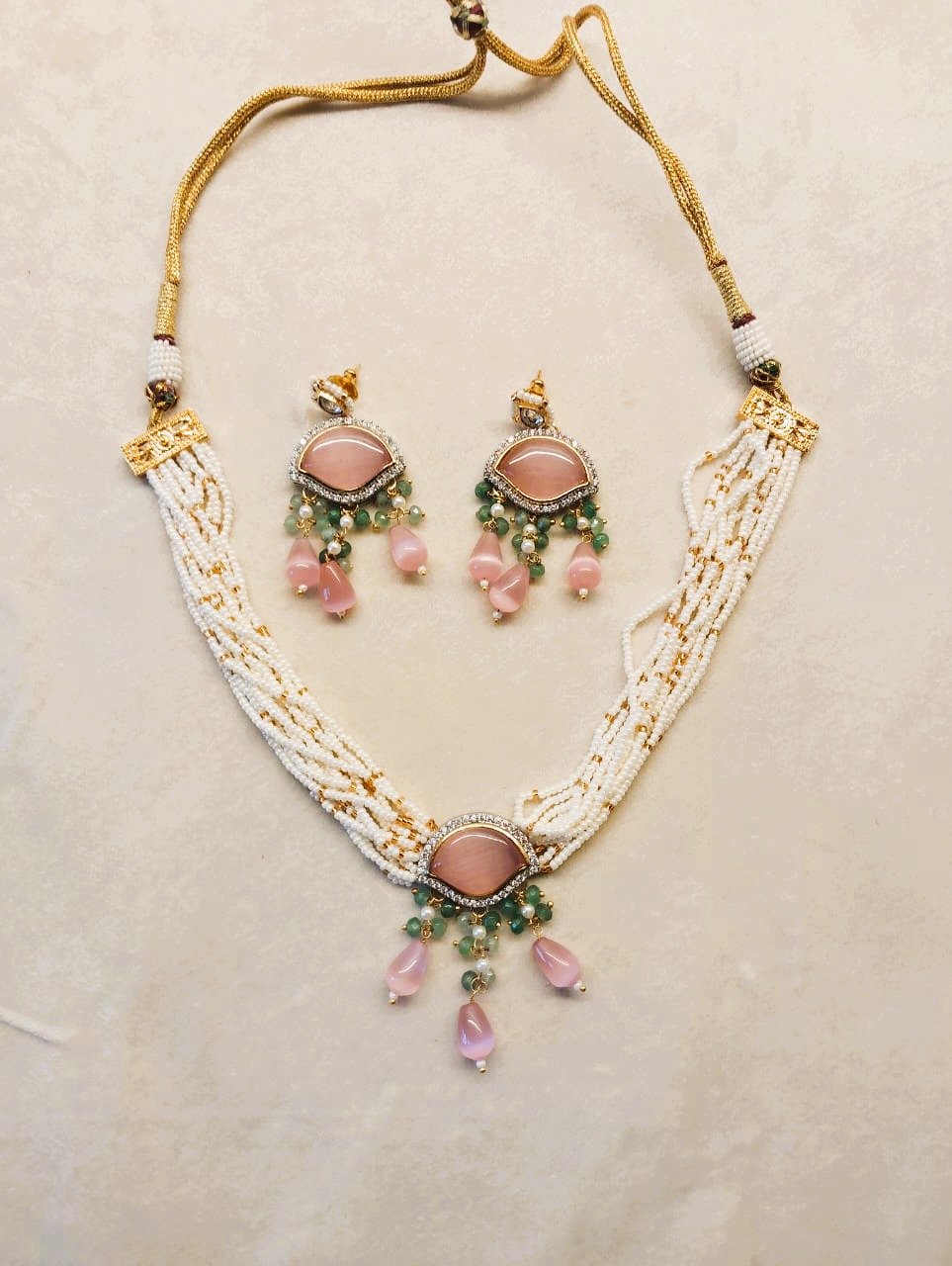 DELICATE PASTEL PINK KUNDAN CHOKER SET WITH PEARL ACCENTS