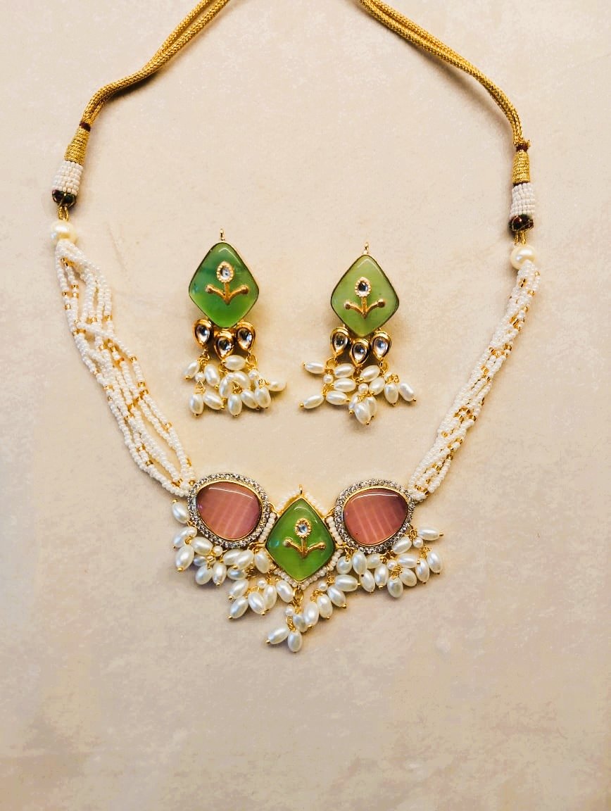 GRACEFUL MINT GREEN AND PINK POLKI CHOKER SET WITH PEARL DROPS